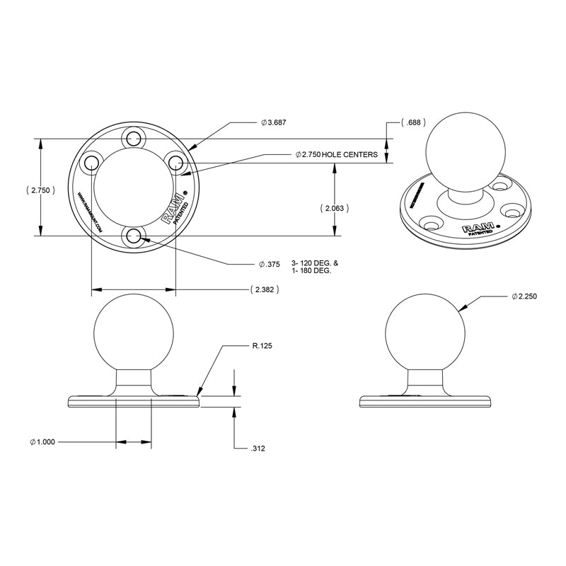 RAM Base - Round Plate (3.68") with Ball.