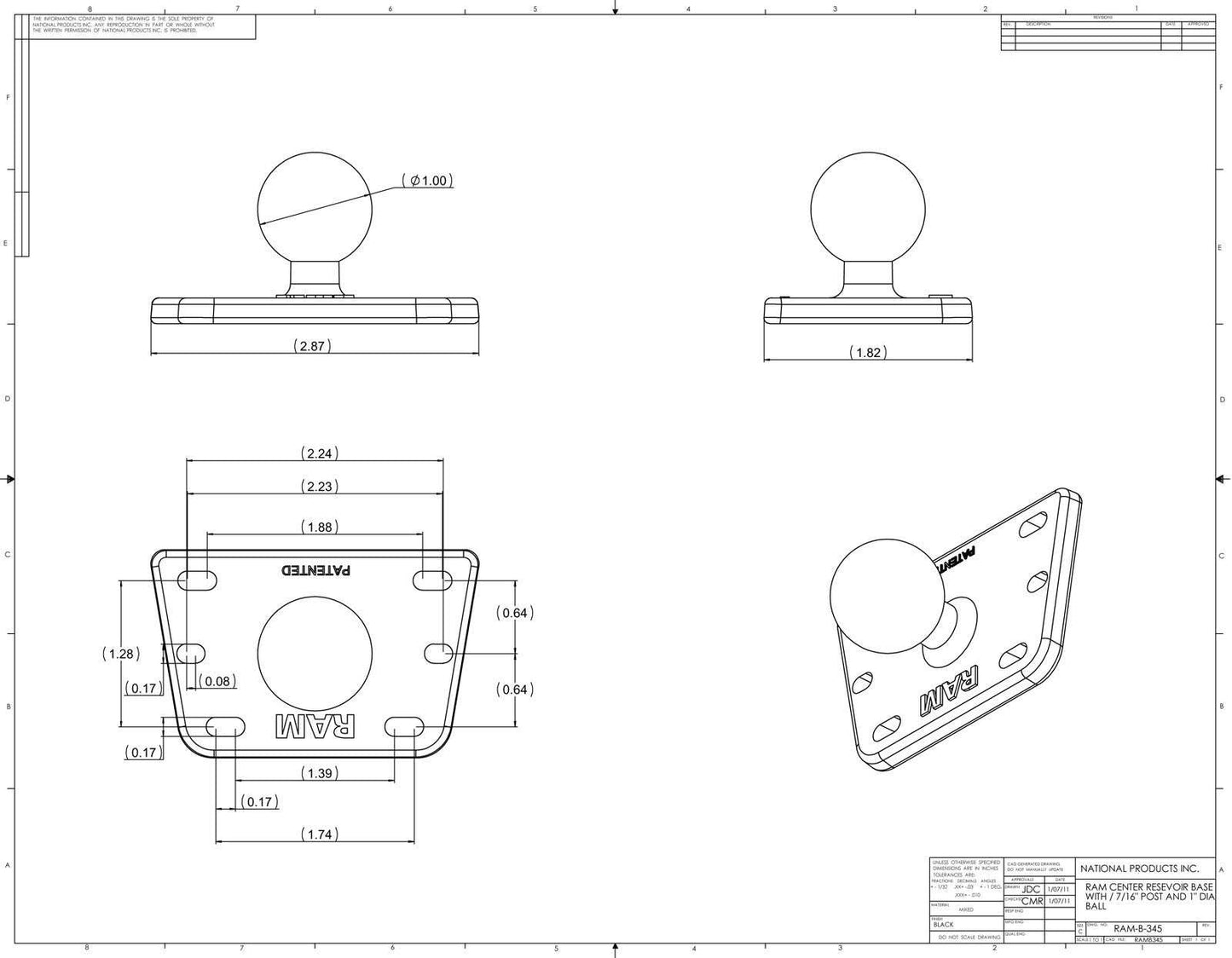 RAM Base - Motorcycle Brake/Clutch Reservoir Cover Base with 1" Ball Centered.