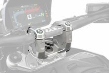 BMW R 1300 GS handlebar risers, silver anodized, ergonomic design.