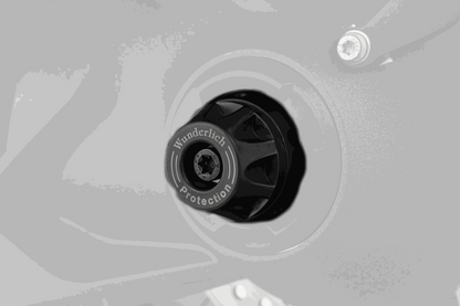 BMW R Series Protection axle slider with DoubleShock pad for impact and sliding damage prevention.