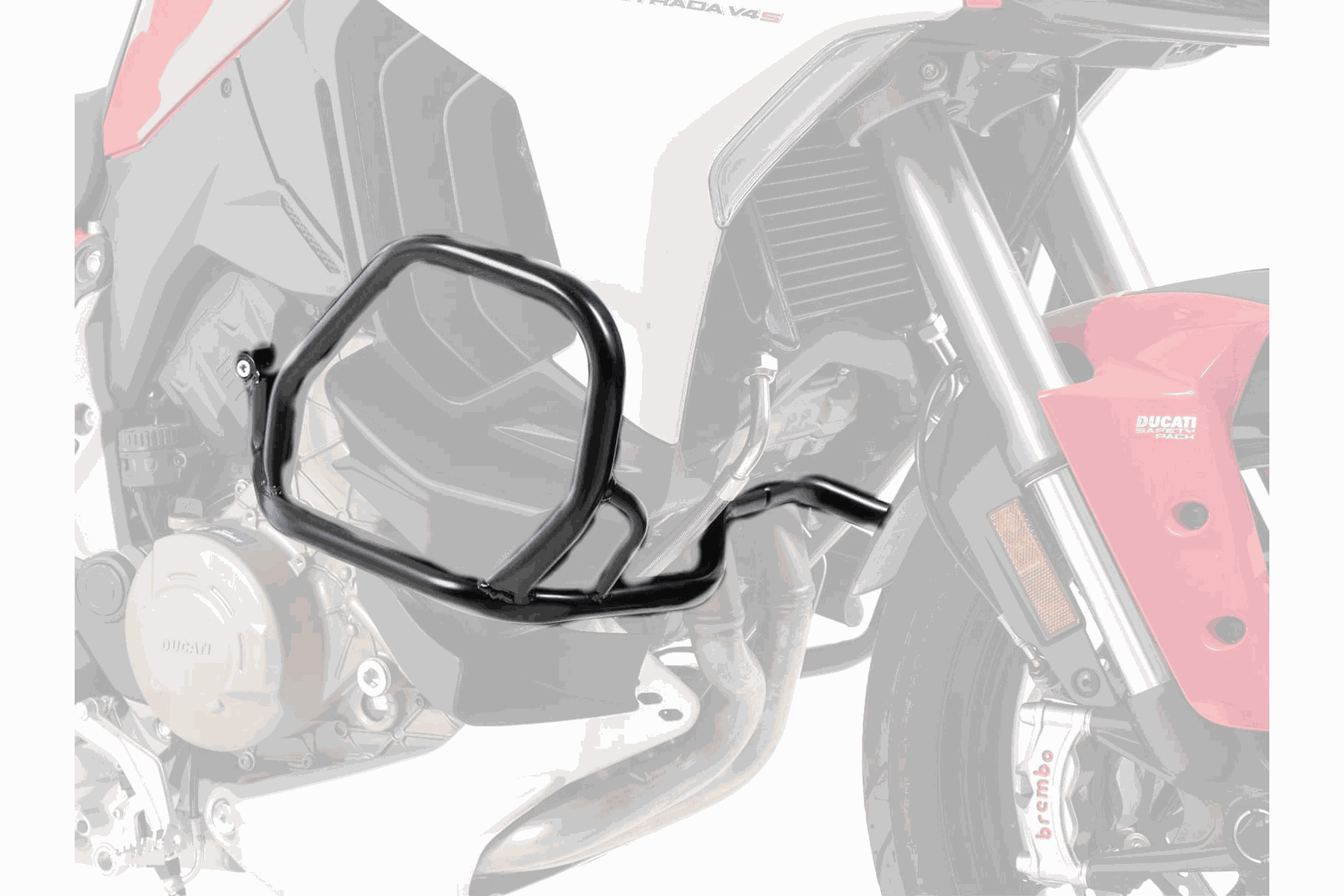 Ducati Multistrada V4 engine protection bar by Hepco Becker, black powder-coated, sturdy tubing.