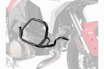 Ducati Multistrada V4 engine protection bar by Hepco Becker, black powder-coated, sturdy tubing.