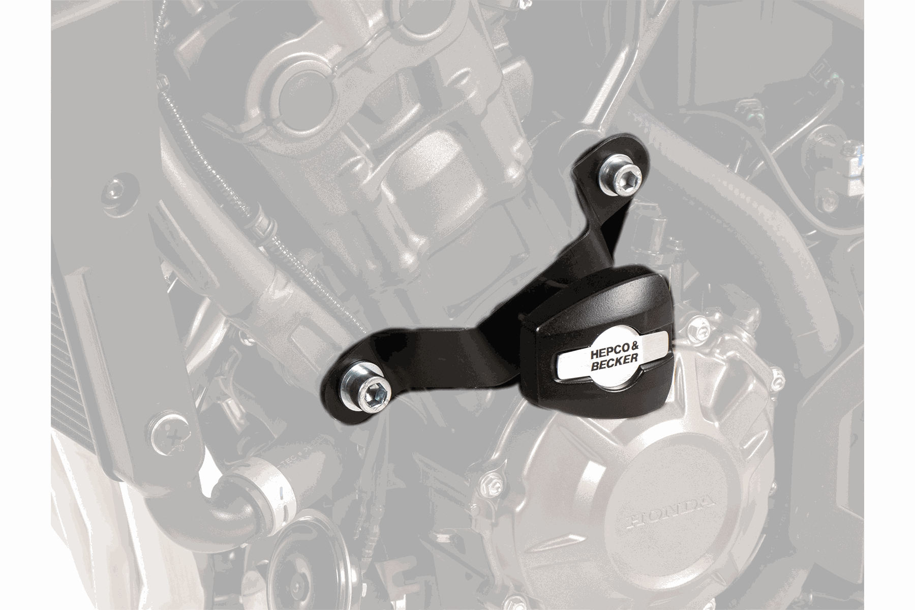 HONDA CB 650 R e-clutch protection crash pads installed on engine.