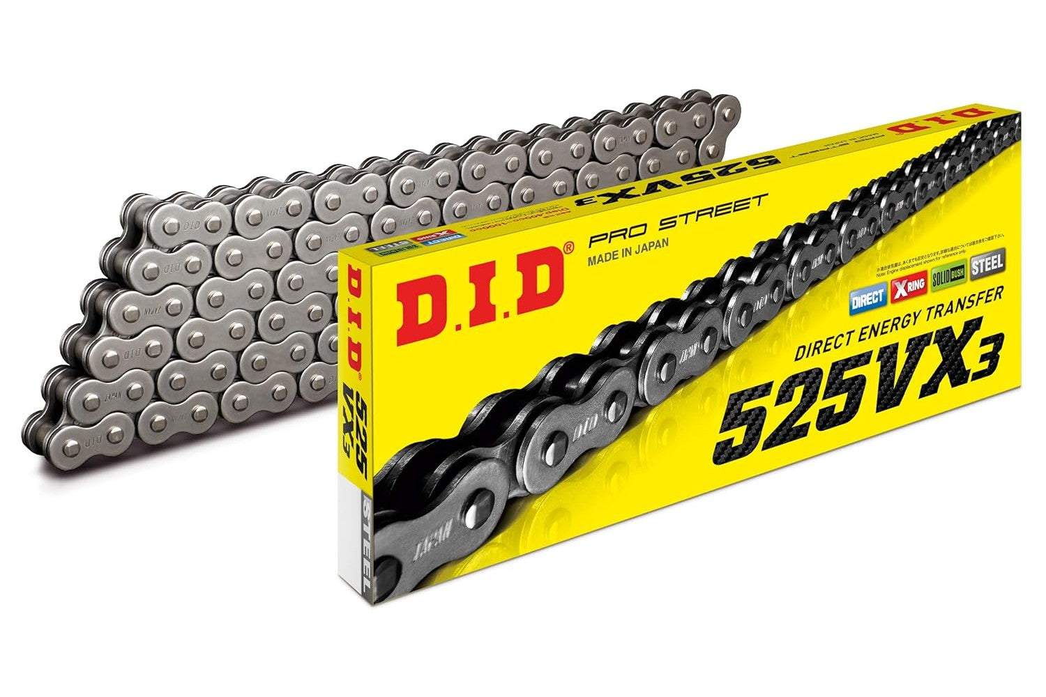 DID Chain 525 Pitch x 112 links VX3 with X-Ring technology box packaging.