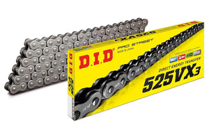 DID Chain 525 Pitch x 112 links VX3 with X-Ring technology box packaging.
