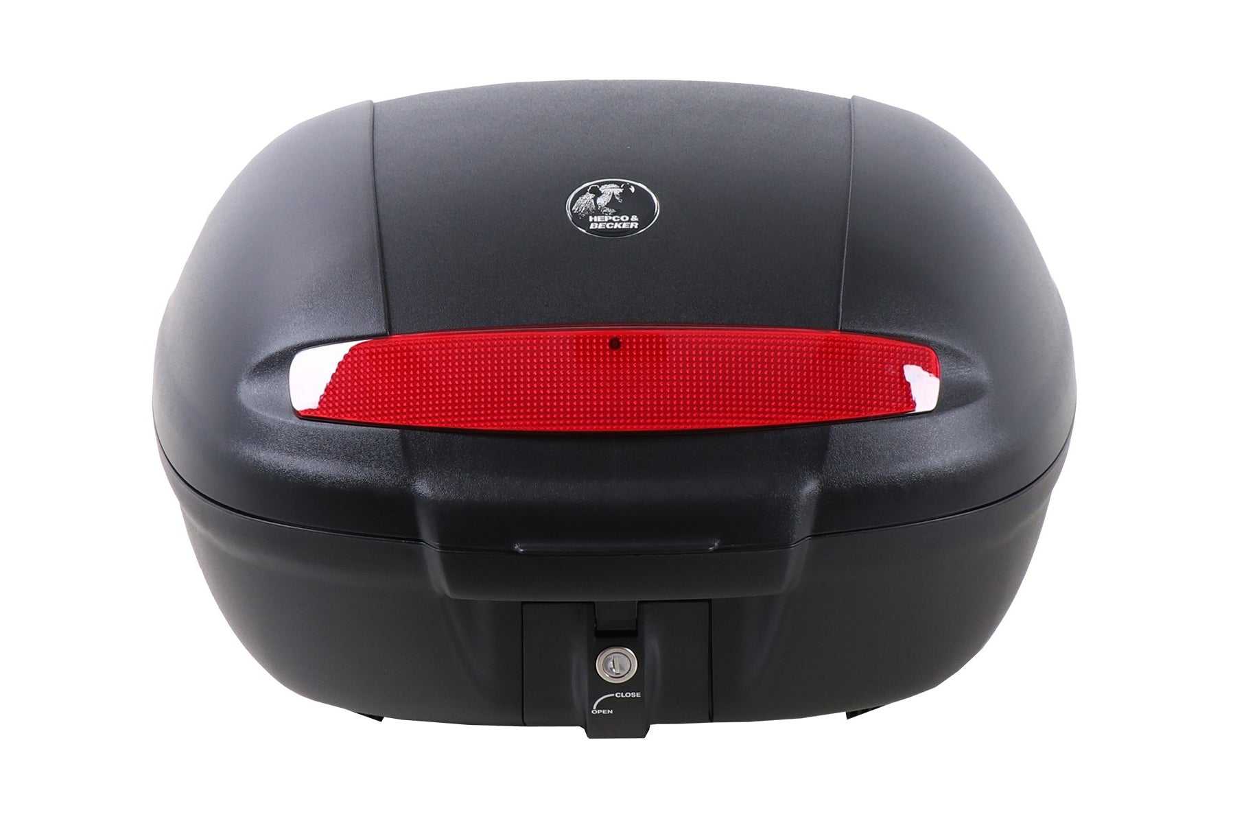 Journey Top case 49L by Hepco Becker, durable ABS plastic, black, 49-liter capacity, rear latch.