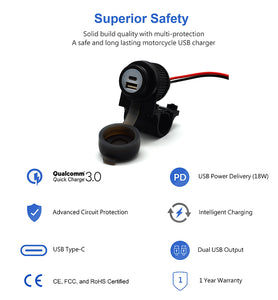 Handlebar Mounted 36W PD USB-C + QC 3.0 (Plastic)