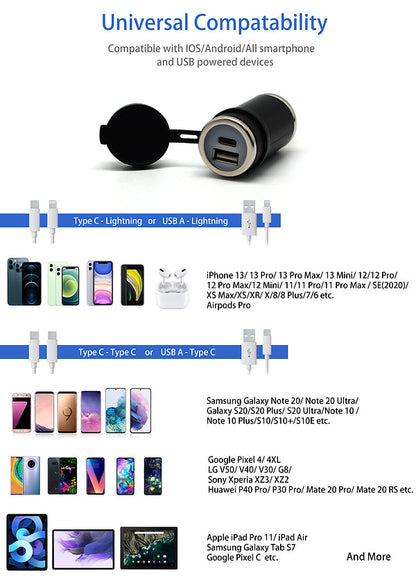 DIN (Hella) to 36W PD USB-C + QC 3.0 (STRAIGHT)
