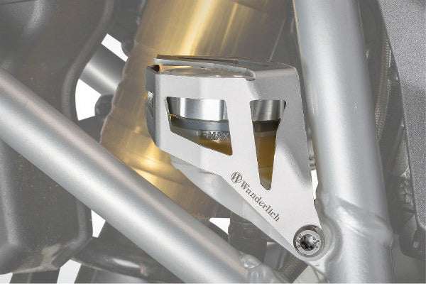 BMW R & S Series rear brake reservoir protector, secured against tampering and damage.