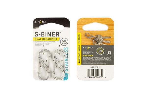 S-Biner Standard dual carabiner on packaging, stainless steel, 5 lb weight capacity.