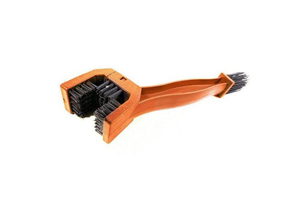 Heavy duty motorcycle or bicycle chain cleaner brush, orange handle, durable bristles, DIY cleaning tool.