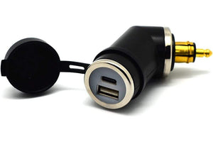 Hella / DIN power socket with angled USB-C and USB-A ports for motorcycles.
