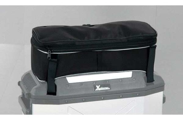 Top bag for Xplorer Series on side case, black polyester, expandable, secure fastening.