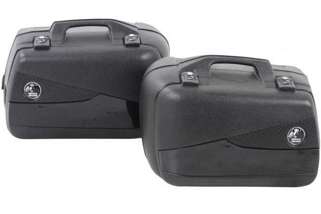 Hepco Becker black side cases with metal locks and handle, watertight ABS plastic for travel.