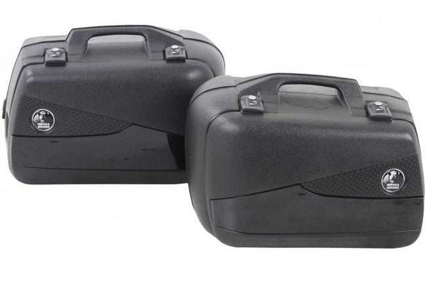 Hepco Becker black side cases with metal locks and handle, watertight ABS plastic for travel.