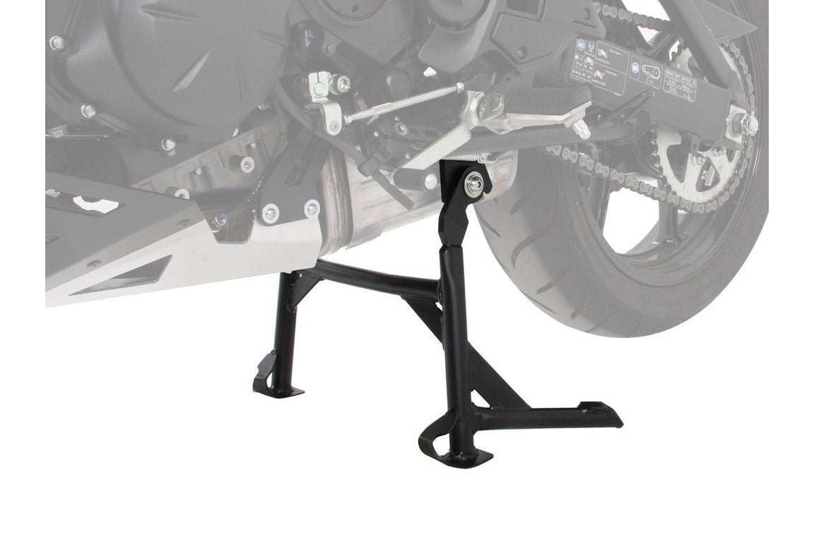 Kawasaki Versys 650 center stand by Hepco Becker, black powder-coated steel, precise manufacturing.