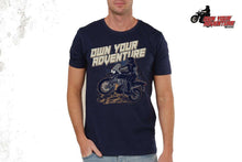 Blue Adventure T-Shirt with motorbike print.