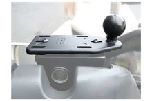 RAM Motorcycle Brake/Clutch Reservoir Cover Base with 25mm Ball Offset, die-cast aluminum and rubber, mounted on motorcycle.