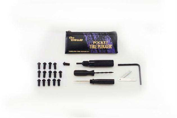 Pocket Tire Plugger kit with nozzle, plugging device, probe tool, reamer, hex wrench, mushroom plugs, razor knife, and zippered pouch.