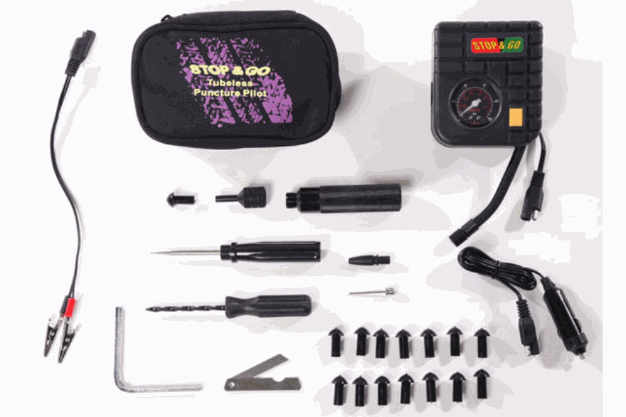 SNG Compressor & Tire Plugger Tubeless Puncture Pilot Combo kit with tools and accessories for motorcycles, scooters, and ATVs repair.