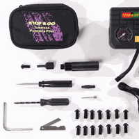 SNG Compressor & Tire Plugger Tubeless Puncture Pilot Combo kit with tools and accessories for motorcycles, scooters, and ATVs repair.
