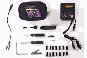 SNG Compressor & Tire Plugger Tubeless Puncture Pilot Combo kit with tools and accessories for motorcycles, scooters, and ATVs repair.