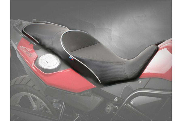 BMW F650 GS Premium Foam Conversion Seat with Black CarbonFX insert, black welt, and trim on a bike.