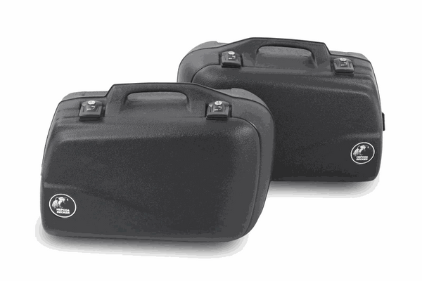 Black Junior series 40L sidecases with sturdy metal locks and watertight design.