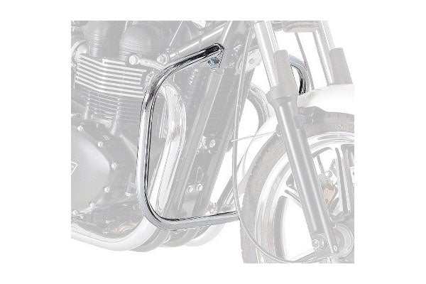 Chrome engine guard for Triumph Bonneville T100 motorcycle.