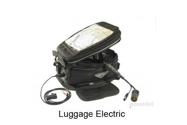 Electrical wiring kit for tank bags and saddlebags with connectors and battery harness.