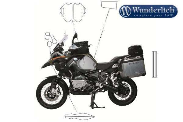 BMW R1200GSA with comprehensive Venture Shield paint protection film, showcasing coverage areas and brand logo.