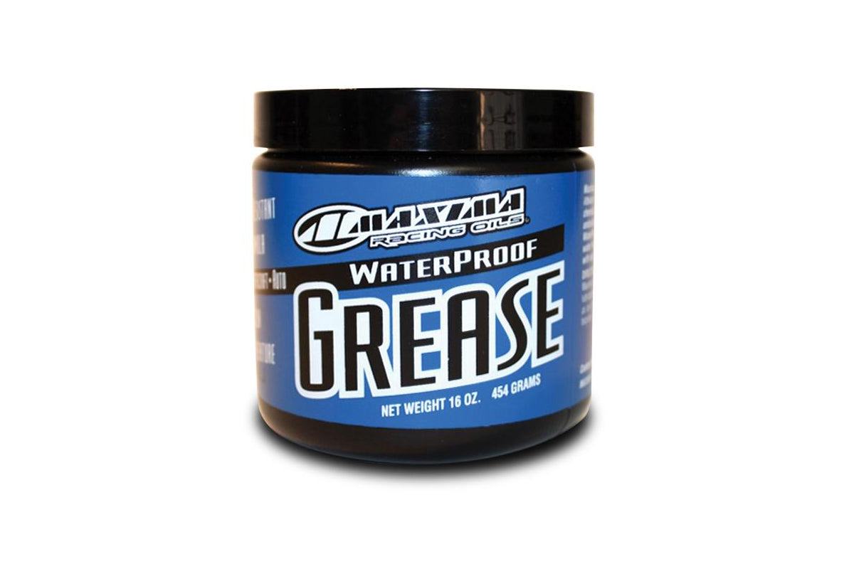 Waterproof Grease container with blue label, 16 oz, by Maxima Racing Oils.