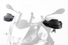 Hand guard for Aprilia Caponord 1200, black powder-coated German steel, protects wind deflectors and handlebar.