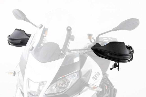 Hand guard for Aprilia Caponord 1200, black powder-coated German steel, protects wind deflectors and handlebar.